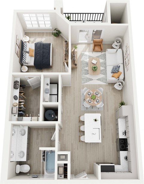 Floor plan for 1 bed, 1 bath, 763 sqft